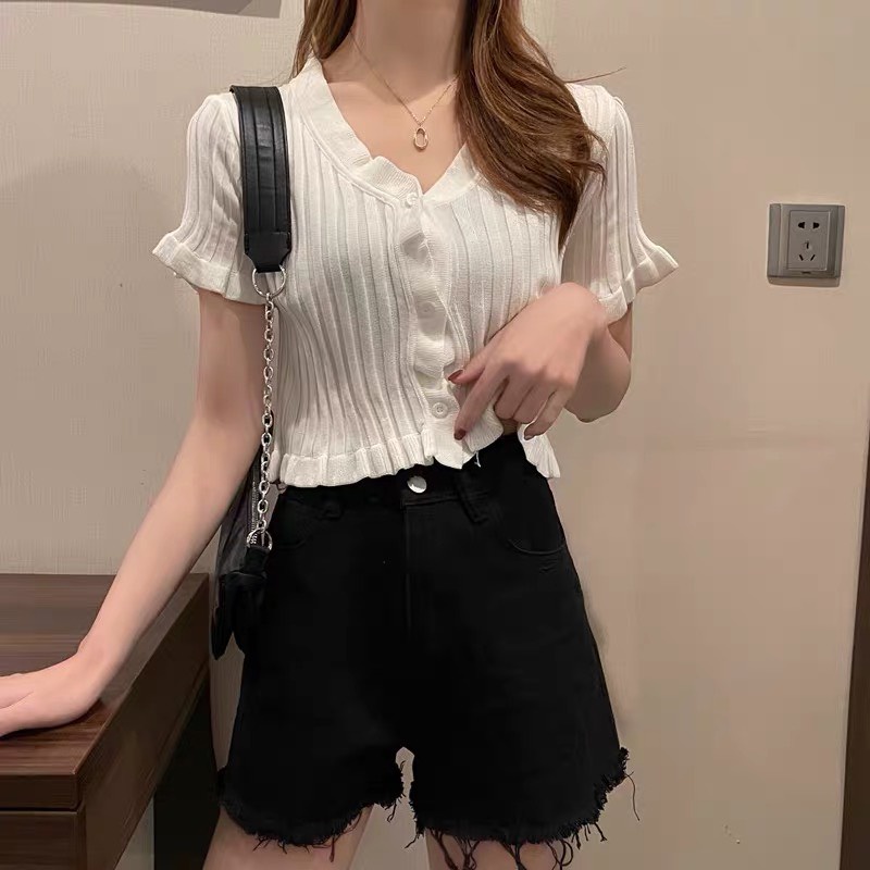 Áo Croptop phông nữ sexy dệt kim blackpink Ngắn Tay Cổ Chữ V Màu Trơn Phong Cách Hàn Quốc