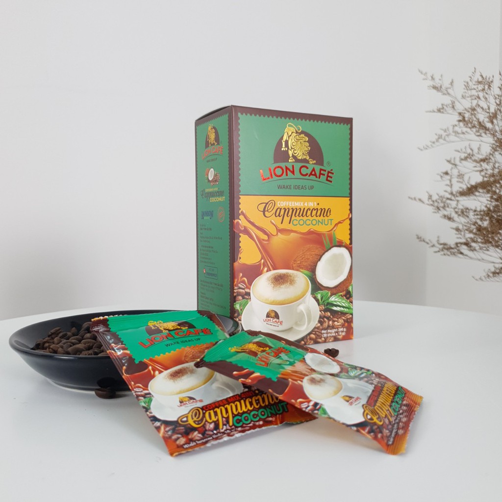 Cafe Hoà Tan Lion 4in1 Capuccino Vị Dừa 360gr ( 20 que * 18g ) Ngon như pha phin Đậm vị Cà phê sạch nguyên chất | BigBuy360 - bigbuy360.vn