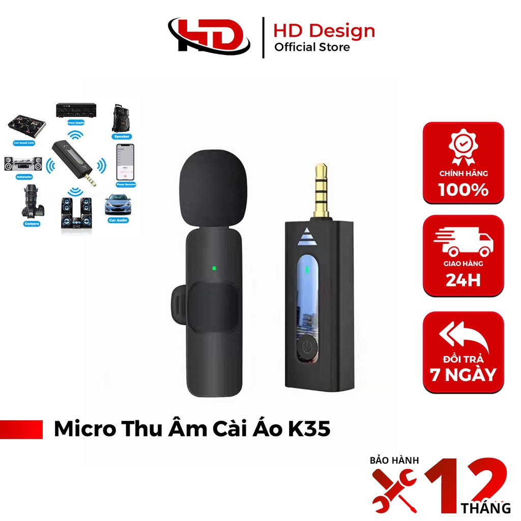 Micro Thu Âm Không Dây Cài Áo K35, Chân Kết Nối 3.5 -  Khử Tiếng Ồn Cao Cấp - Khoảng Cách 20m- Chính Hãng HD DESIGN