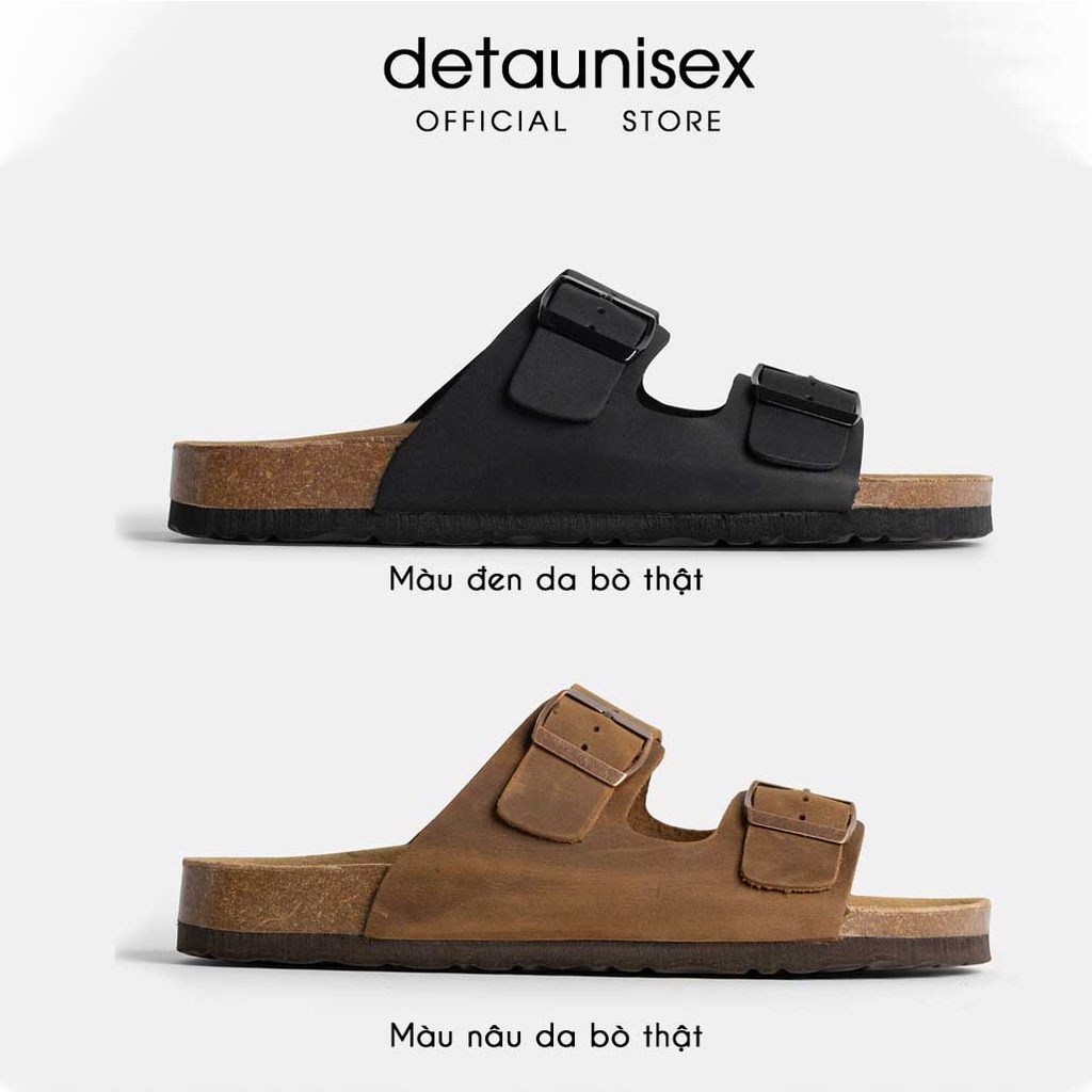 Dép Birken đế trấu da bò thật quai ngang 2 khóa cao cấp thương hiệu Detaunisex màu Bò - DEBO21