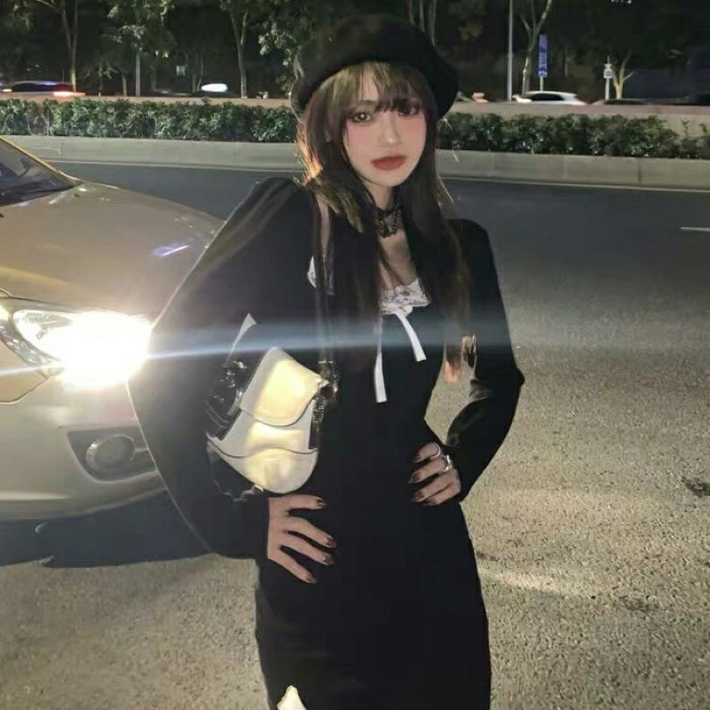 Váy body viền ren xẻ vạt dài tay Thu Đông