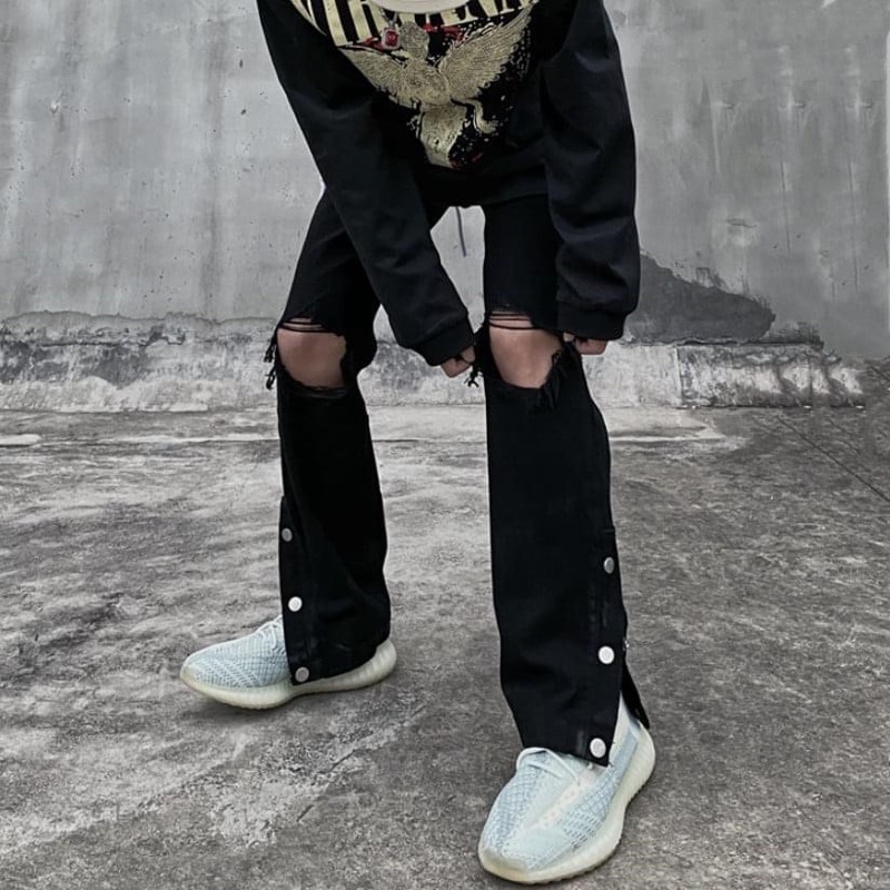 Quần jean button 3 cúc rách gối nam nữ phong cách unisex cargo pant