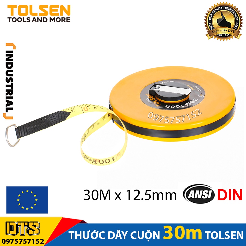 Thước dây cuộn 30m công nghiệp sợi thuỷ tinh TOLSEN, thước cuốn đa năng nhựa ABS bọc cao su siêu bền, tốc độ cuốn nhanh