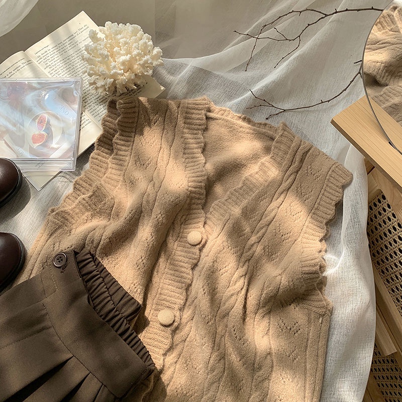 Áo Khoác cardigan Dệt Kim Không Tay Dáng Rộng Cổ Chữ V Phong Cách retro Hàn Quốc