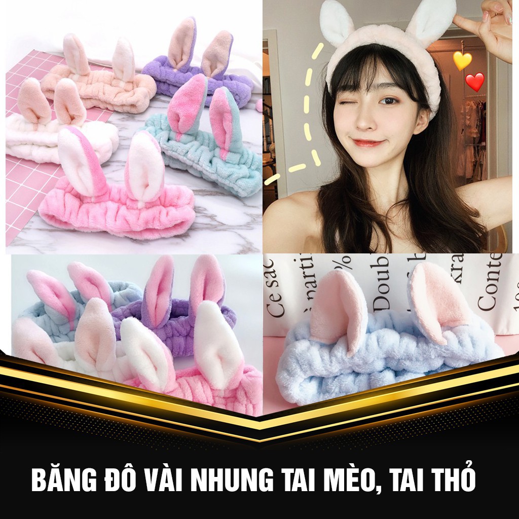 Băng đô vải nhung 3D , Tai mèo - Tai thỏ , nhiều màu dễ thương