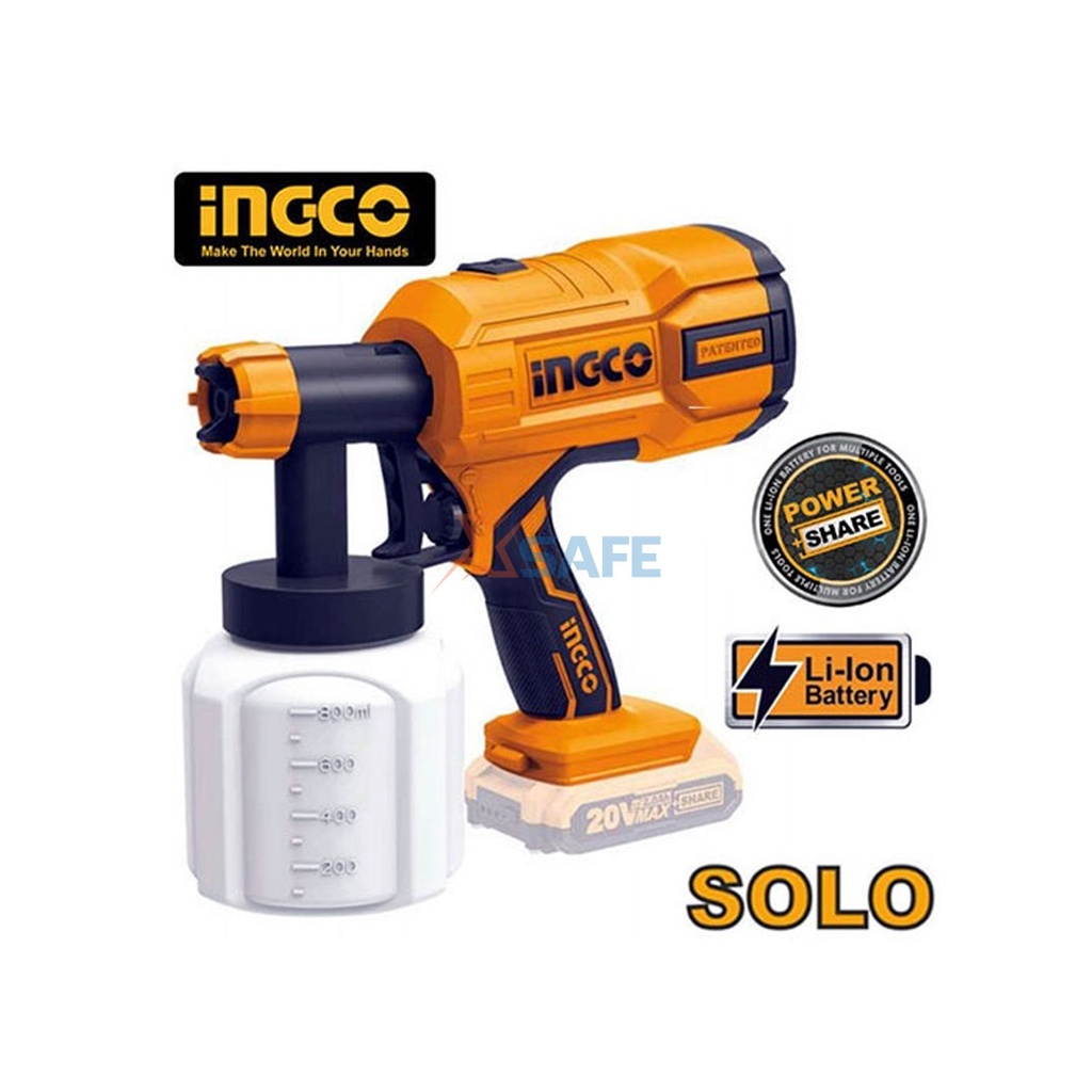 Súng phun sơn dùng pin Lithium 20V INGCO CSGLI2001 Súng sơn cầm tay kèm 1 cốc lường độ nhớt, 1 kim làm sạch vòi phun