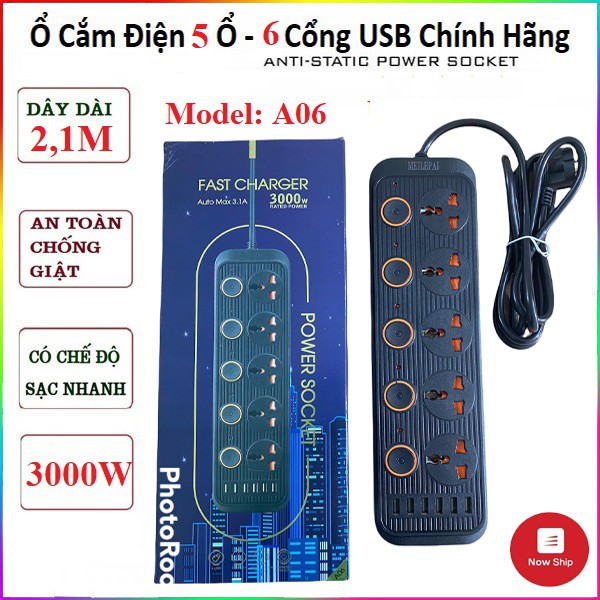 (A06 - 5 phích cắm, 6 USB) Ổ điện - ổ cắm điện đa năng chống giật -ổ cắm điện thông minh kèm cổng sạc USB Max 3.1A