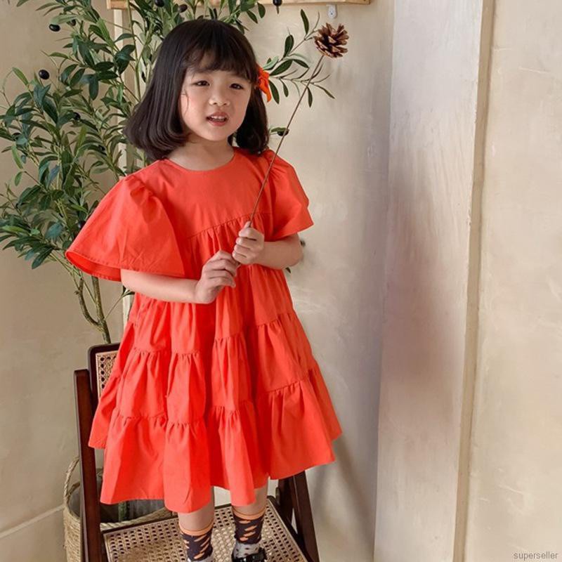Đầm công chúa tay phồng cổ tròn màu trơn phong cách Hàn Quốc thời trang mùa hè dành cho bé gái từ 3-8 tuổi