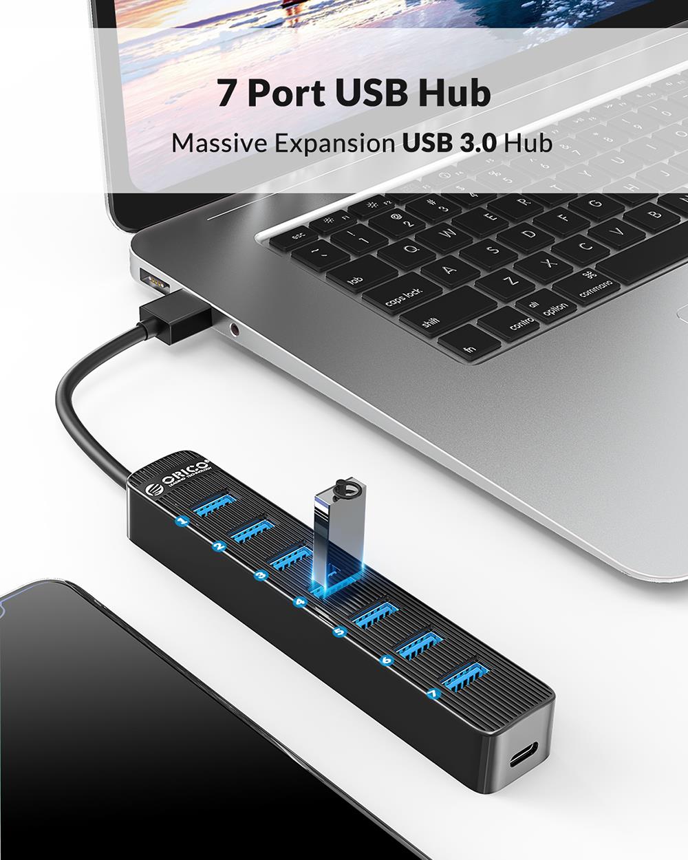 Thiết bị chuyển đổi HUB 7 cổng USB3.0 ORICO TWU3-7A-BK có cổng cấp nguồn điện Type-C tiện dụng