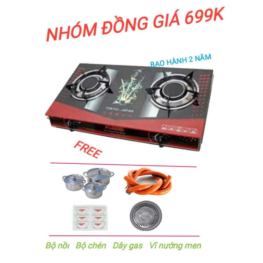 Bếp ga hồng ngoại tặng bộ nồi inox - bộ chén - vĩ nướng men - dây gas