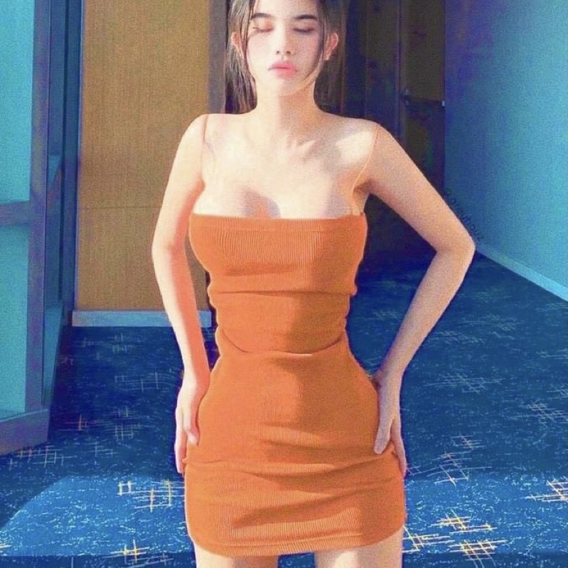 Váy ôm body ngắn 2 dây sợi bún trơn đơn giản thời trang mùa hè