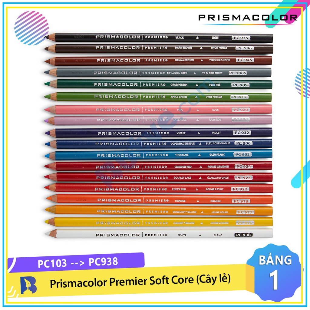 [PC103 - PC938] Bút chì màu hạng họa sĩ Prismacolor Premier Soft Core - Màu lẻ (BẢNG MÀU 1)