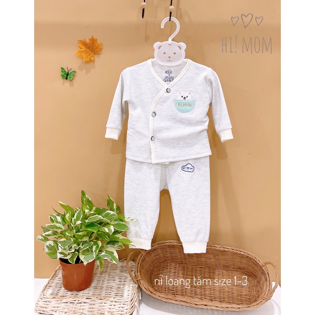 Bộ sơ sinh cài lệch nỉ loang tăm cho bé Hi Mom