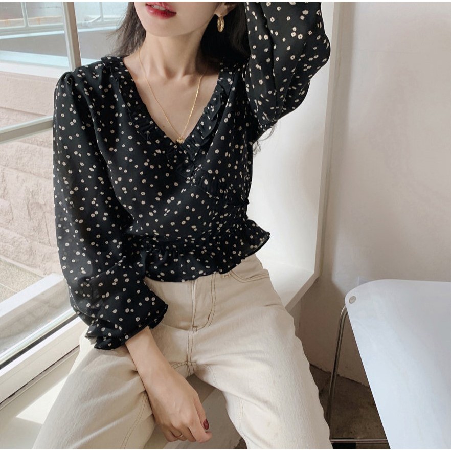 Áo Kiểu Tay Dài Hoạ Tiết Hoa Thiết Kế Cổ Chữ V Nữ Tính 30874