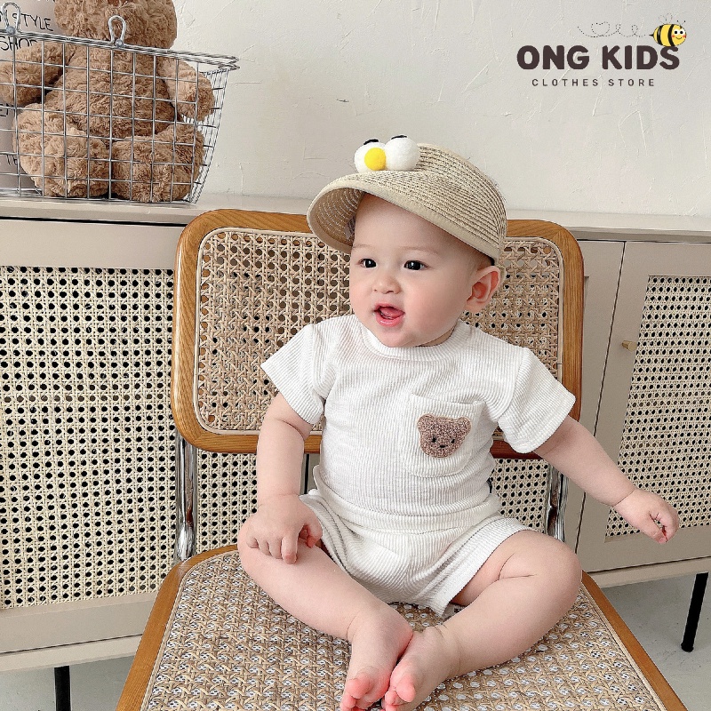 Set quần áo tăm lạnh cho bé trai bé gái, Quần áo trẻ em cộc tay thêu hình mặt gấu Hàn Quốc