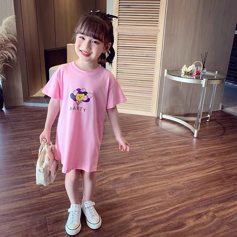 Đầm Thun Cotton Dáng Dài Rộng Họa Tiết Gấu Đồ Chơi Đáng Yêu Dành Cho Bé Gái 1-8 Tuổi