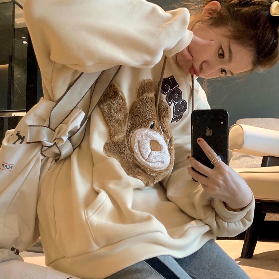 Áo hoodie dài tay dáng rộng in họa tiết hoạt hình phong cách Hàn Quốc thời trang thu đông xinh xắn cho nữ