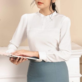 ÁO SƠ MI NỮ KIỂU CỔ TRỤ TAY DÀI PHỐI NÚT VẢI MANGO