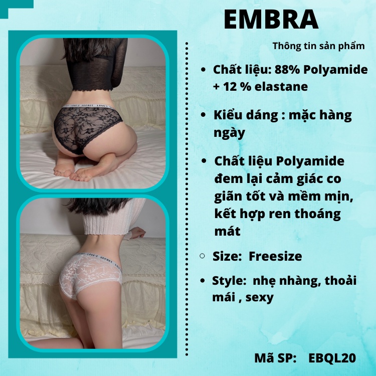 Quần lót nữ EMBRA Vic Love Secret họa tiết ren hoa kèm cạp trun cao cấp EBQL20