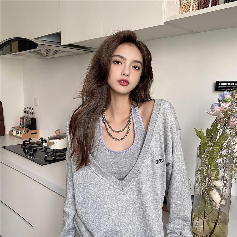 COZOK Set áo tay dài cổ chữ V + áo không tay dáng rộng thời trang cho nữ