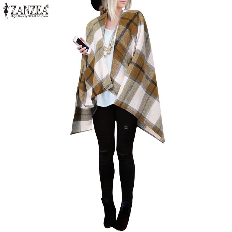 ▫◎Áo choàng ZANZEA dáng rộng cổ chữ V lai không cân xứng in họa tiết sọc caro đơn giản cho nữ