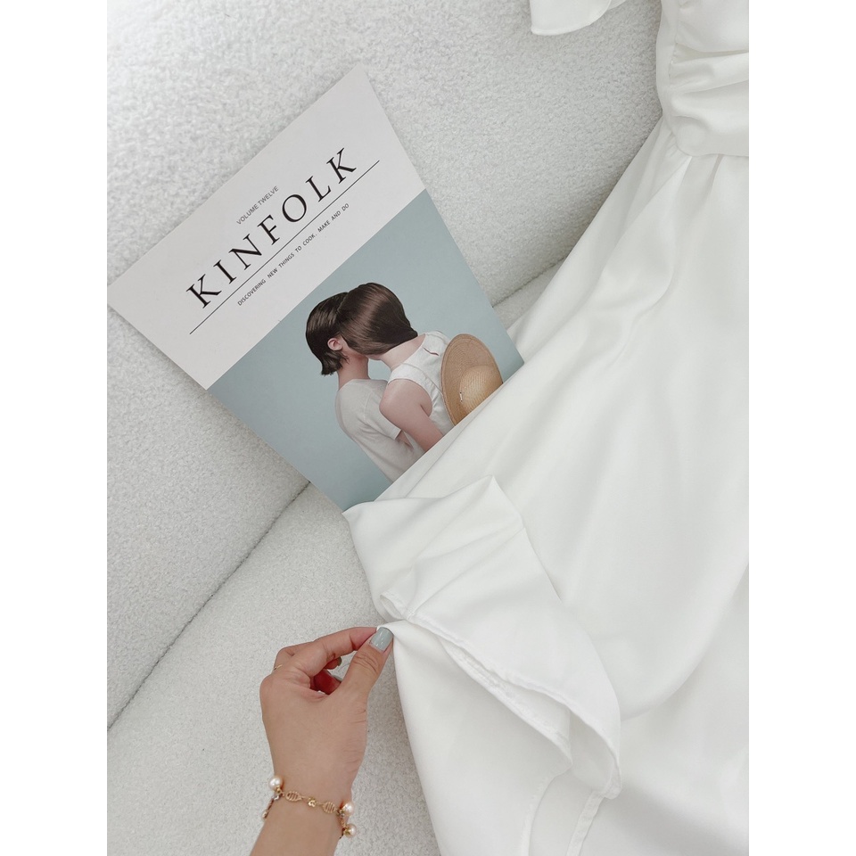 ĐẦM MIDI TRẮNG BẸT VAI NHÚN BÈO NHÍU NGỰC