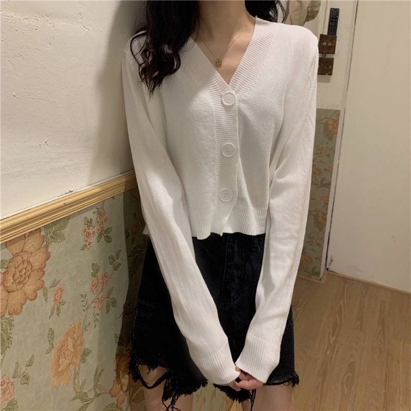 IELGY   Áo Khoác Dệt Kim Mỏng Tay Dài Cổ Chữ V Màu Đen Đơn Giản Cho Nữ