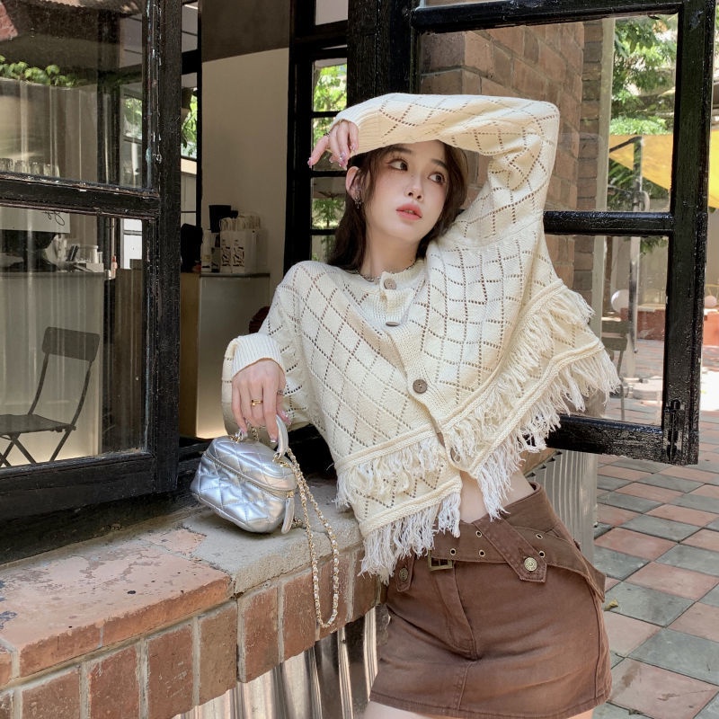 Áo Khoác cardigan Dệt Kim Mỏng Dáng Ngắn Thiết Kế Nhiều Lớp Phối Tua Rua Thời Trang Mùa Thu Mới Cho