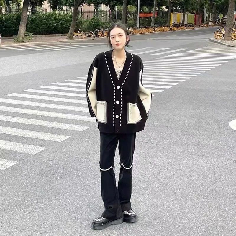 Áo Khoác Cardigan Dệt Kim Phối Màu Tương Phản Phong Cách Retro Thời Trang Thu Đông Mới