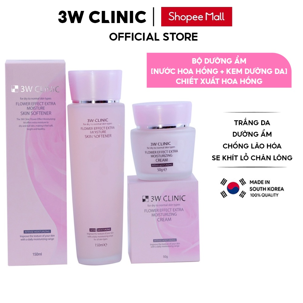Bộ Skincare dưỡng ẩm dưỡng trắng da 3W Clinic Hàn Quốc chiết xuất từ Hoa Hồng ngăn ngừa lão hóa [ Nước hoa hồng + Kem ]