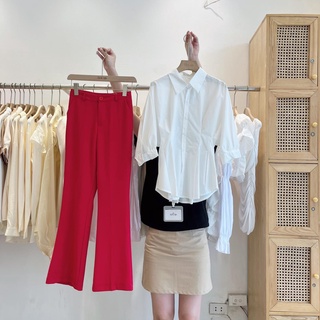 Quần vải hồng ống loe cạp cao dáng dài basic