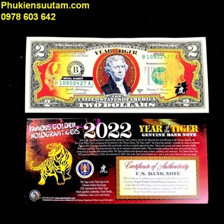 Tiền 2 usd hình con cọp mạ vàng 2022; in hình chú cọp mạ vàng bằng lớp keo vàng phản quang, có bao da đi kèm -sp005372