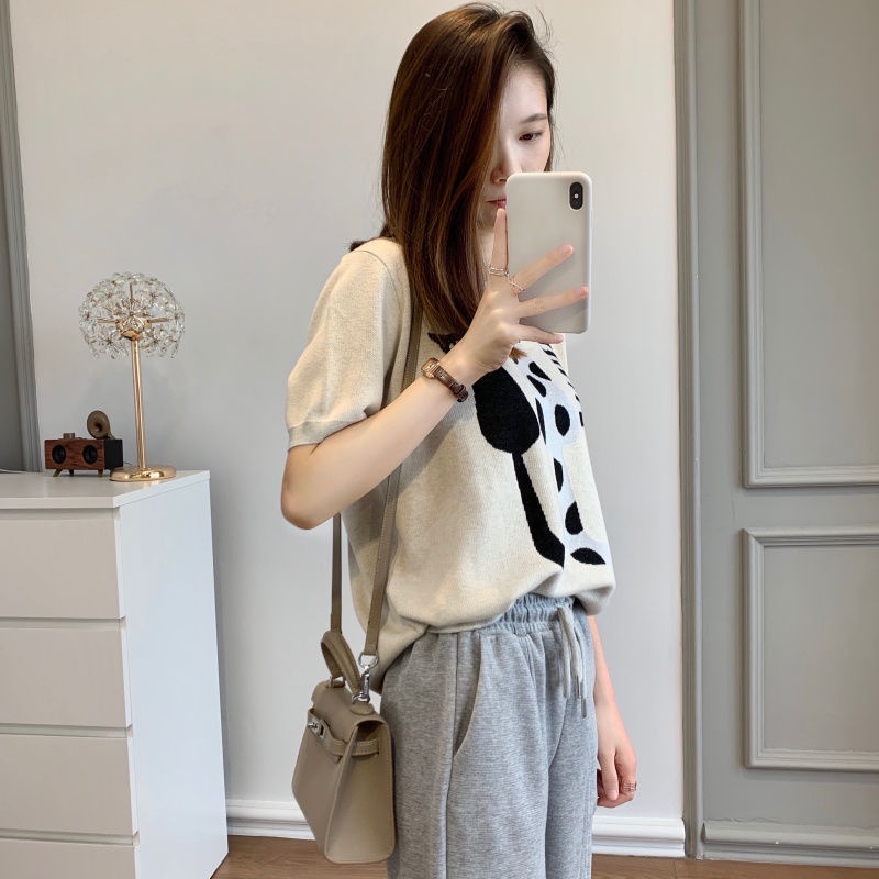 Áo Thun Dệt Kim Mỏng Dáng Rộng Tay Ngắn In Hình Mèo Phong Cách Retro Dành Cho Nữ