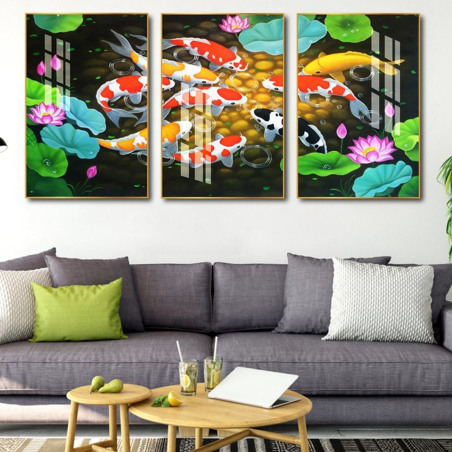 Tranh treo tường tráng gương cá chép cửu ngư & hoa sen 3d decor trang trí phòng ngủ và phòng khách cao cấp khổ lớn 40x60