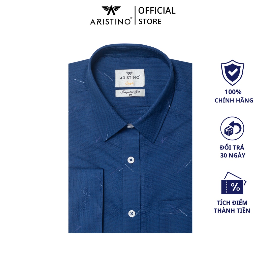 Áo sơ mi dài tay nam ARISTINO dáng Regular Fit thiết kế tà lượn, có túi ngực, họa tiết xanh tím than in sược - ALS12801