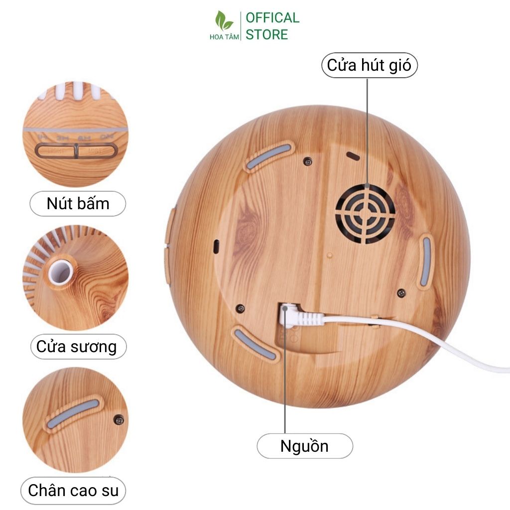 Máy xông tinh dầu phòng ngủ khuếch tán hương thơm, cổ cao vân gỗ, có điều khiển 550ml đèn led 7 màu