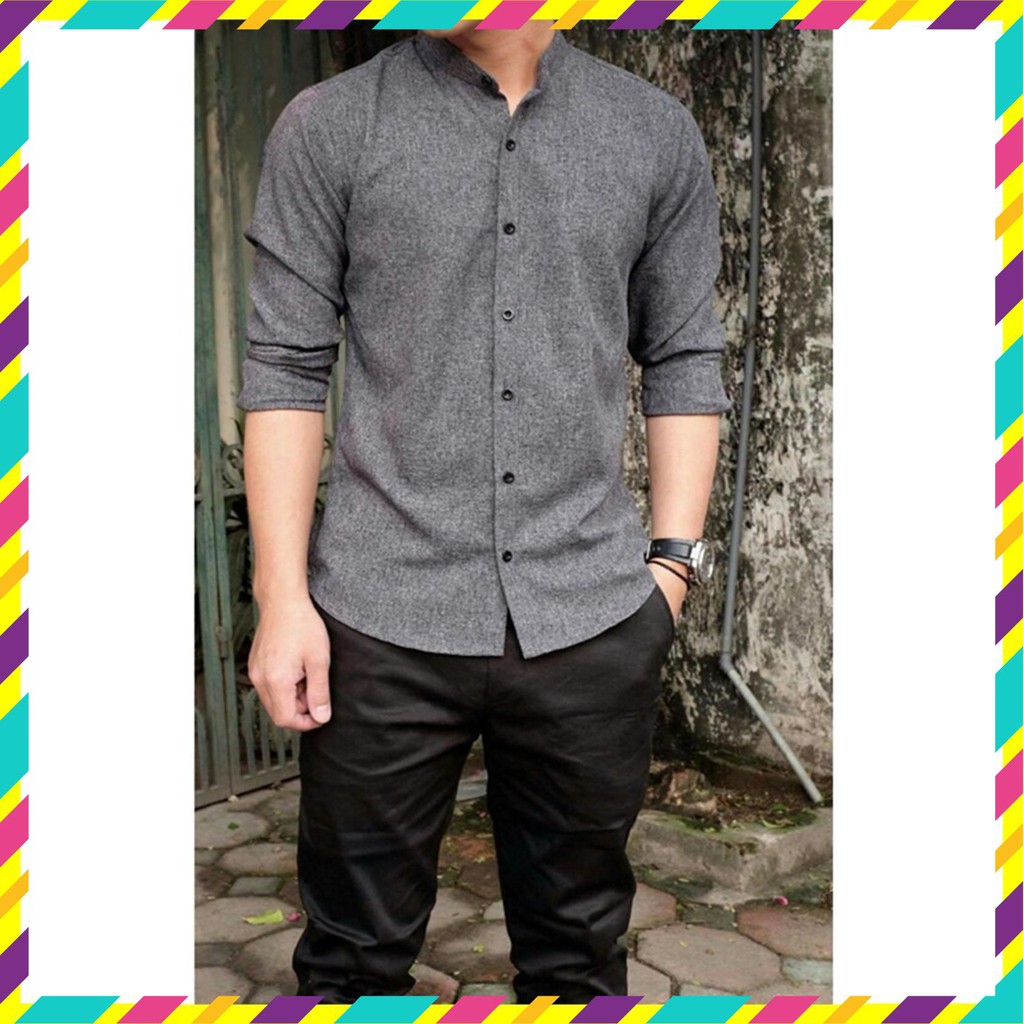 Áo sơ mi cổ tàu nam màu xám chất cotton form ôm nhẹ cho nhiều lứa tuổi Hàng VNXK