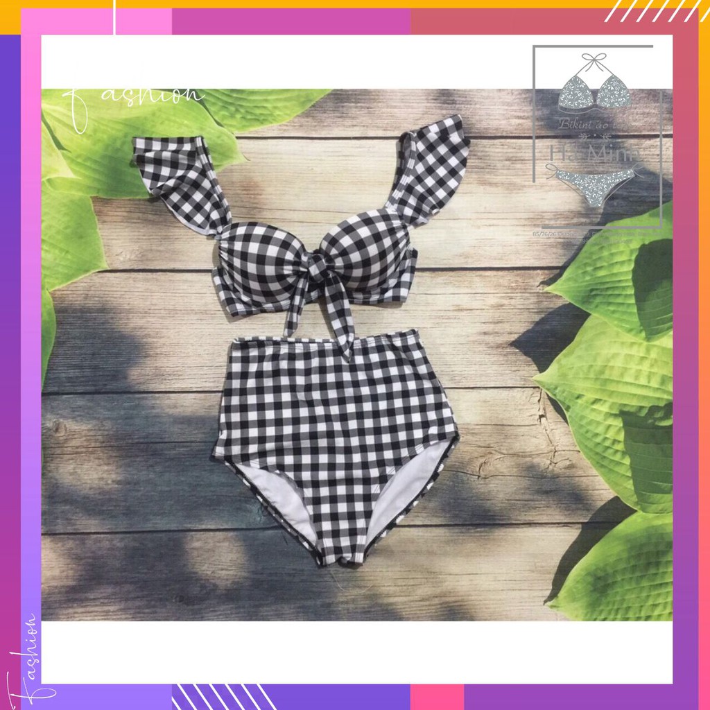 [Xưởng May Bikini Hà Minh] Bikini, Đồ Bơi Đi Biển Hai Mảnh Cánh Tiên Sọc Caro Trắng Đen Cạp Cap Secxy AG034