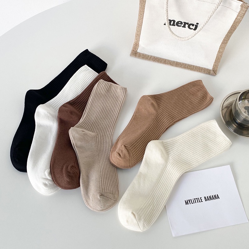 Tất cổ cao nữ METAT, set 5 đôi vớ nữ cổ cao màu trơn basic thời trang Vintage Hàn Quốc T21