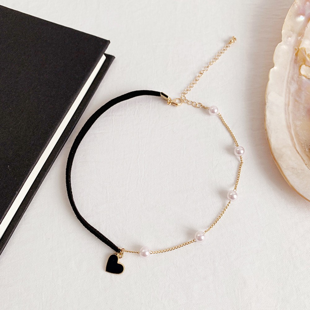 Vòng cổ choker mặt trái tim đính ngọc trai giả nhiều màu sắc 86