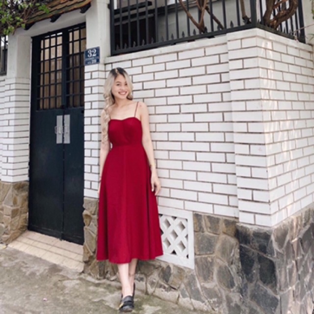 Đầm maxi đỏ trơn 2 dây chéo lưng - M23