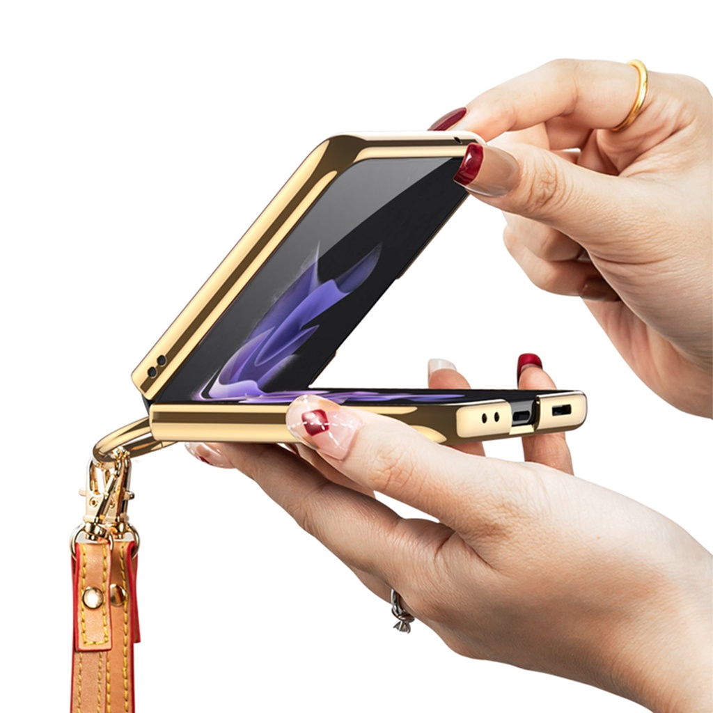 Ốp Điện Thoại Cứng Phối Da Kèm Móc Xỏ Ngón Cho Samsung Galaxy Z Flip 4 Samsung Z Flip 3 5G