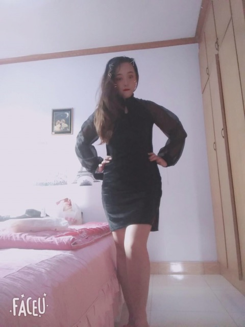 ♥️Đầm,Váy Sườn Xám Nhung ĐenSize S-2XL