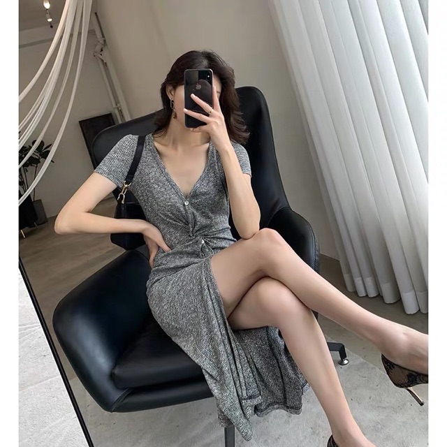 Đầm thun len gân xoắn eo