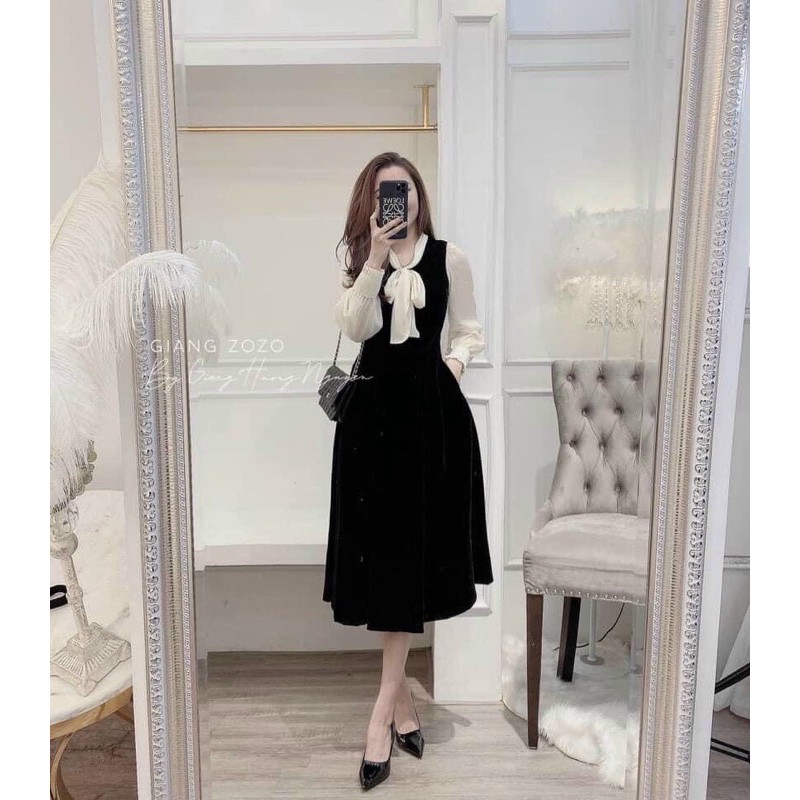 Đầm tiểu thư chất nhung dạ dài tay nơ cổ có khoá sau dáng xoè hottrend | BigBuy360 - bigbuy360.vn