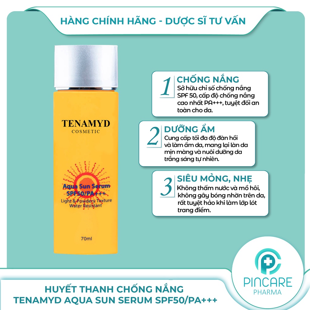 Huyết thanh chống nắng TENAMYD Aqua Sun Serum SPF50/PA+++ 70ml (trắng da) - Hàng chính hãng - Nhà thuốc PinCare