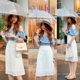 🌲sét áo 2 dây xếp bèo trễ vai & chân váy xinh