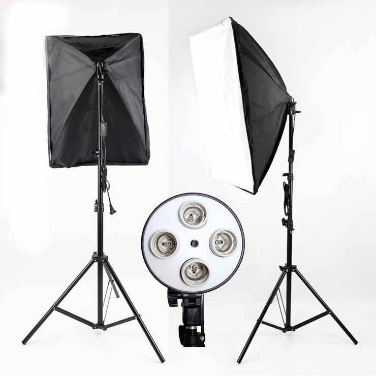 Bộ Đèn Studio Chụp Ảnh Sản Phẩm Chân Đèn 2m Kèm Softbox 50x70 Hỗ Trợ Sáng, Đui 4 Bóng