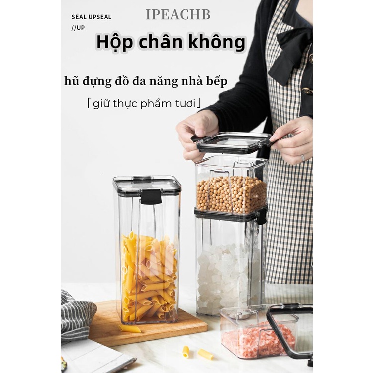 Hộp chân không đựng gia vị thực phẩm bánh quy kín bằng nhựa ngăn nắp cho nhà bếp-Hộp vuông đựng thực phẩm khô/ngũ