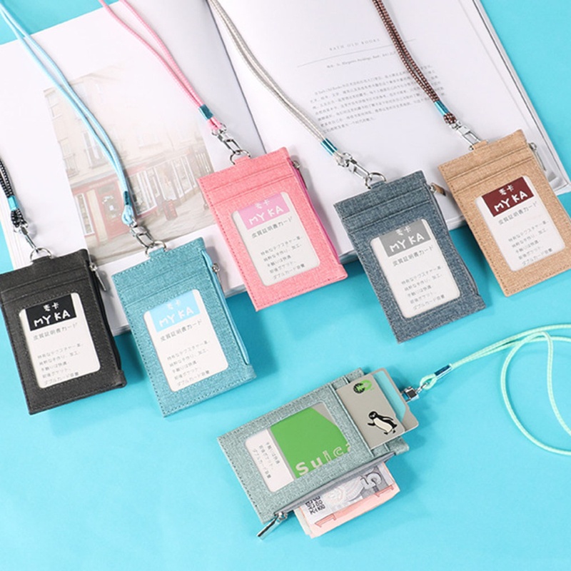 Youyo Ví Đựng Thẻ Da Giả Phối Cotton Lanh Có Dây Đeo Cổ Và Khóa Kéo Unisex